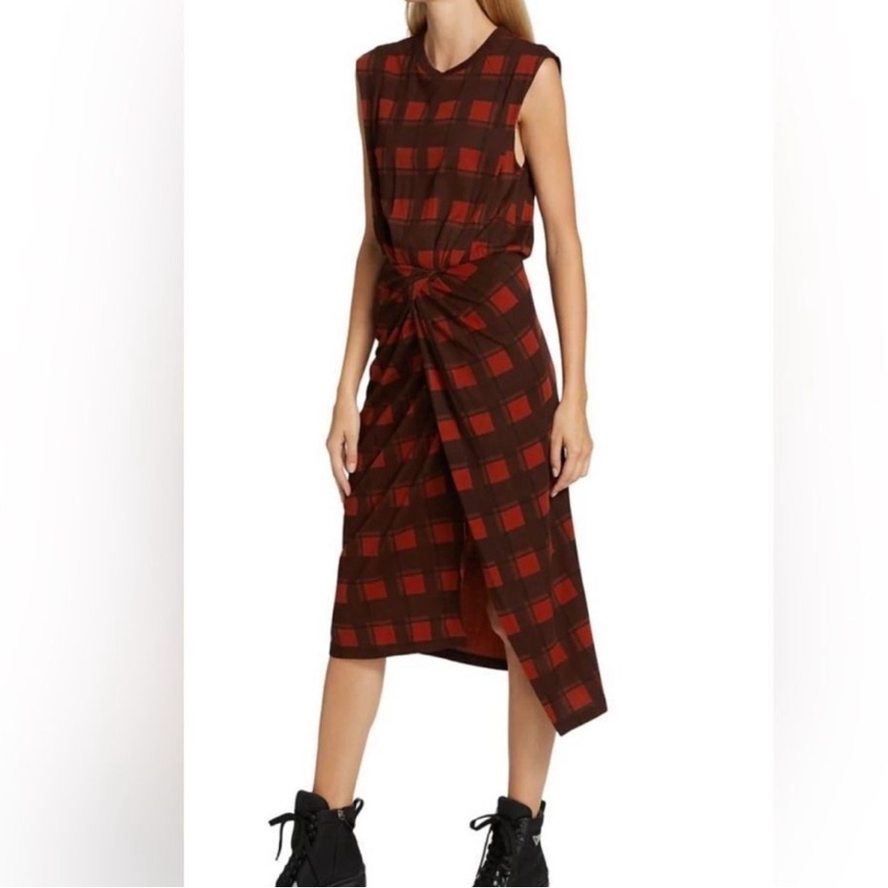 Derek Lam 10 Crosby Red Plaid Sleeveless Knot-Front Midi Dress